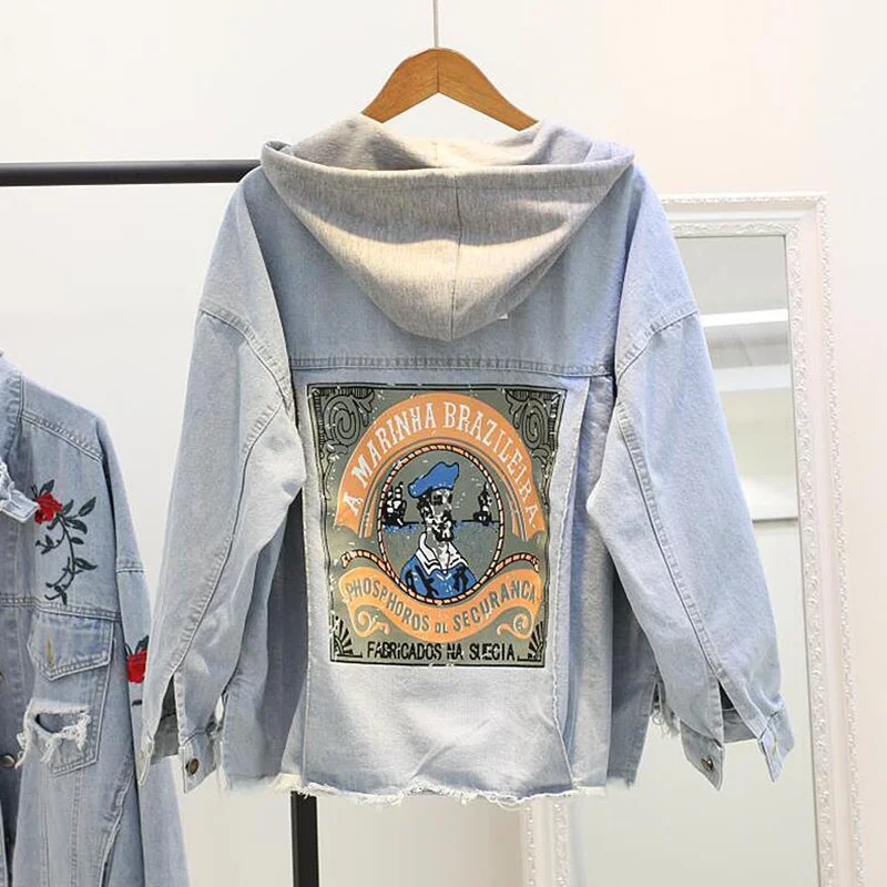 

Spring Autumn Jeans Jacket Women 2018 Hooded Jean Jacket Coat Female Ripped Boyfriend Denim Jackets Casual Patchwork Jacket