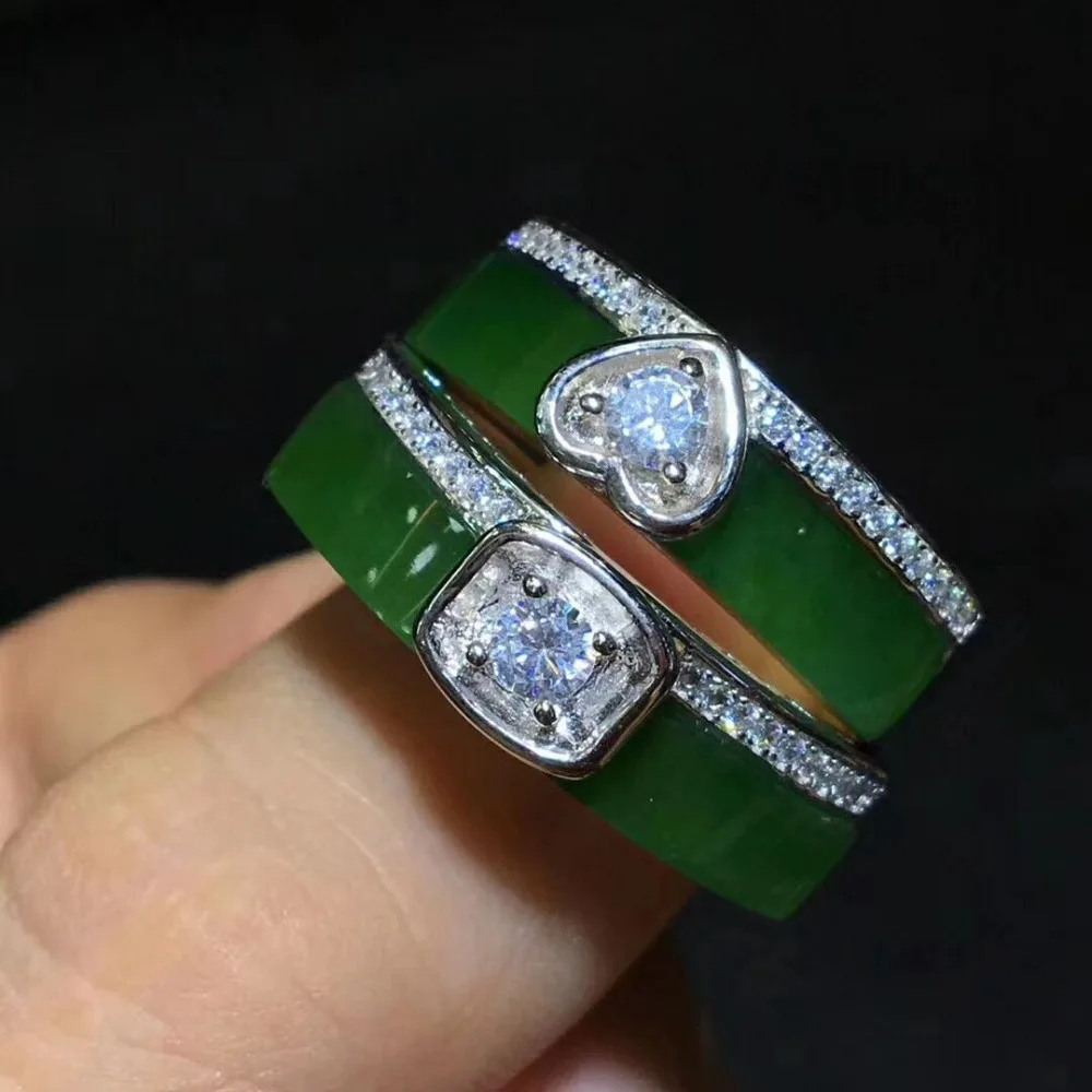 

. S925 silver inlaid natural hetian yu green ring with all ring design/