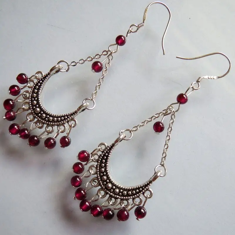 

Wholesale Vintage Tibetan Style Tibetan Silver Garnet Beads Pendant dangle earrings 2 pcs Free shipping