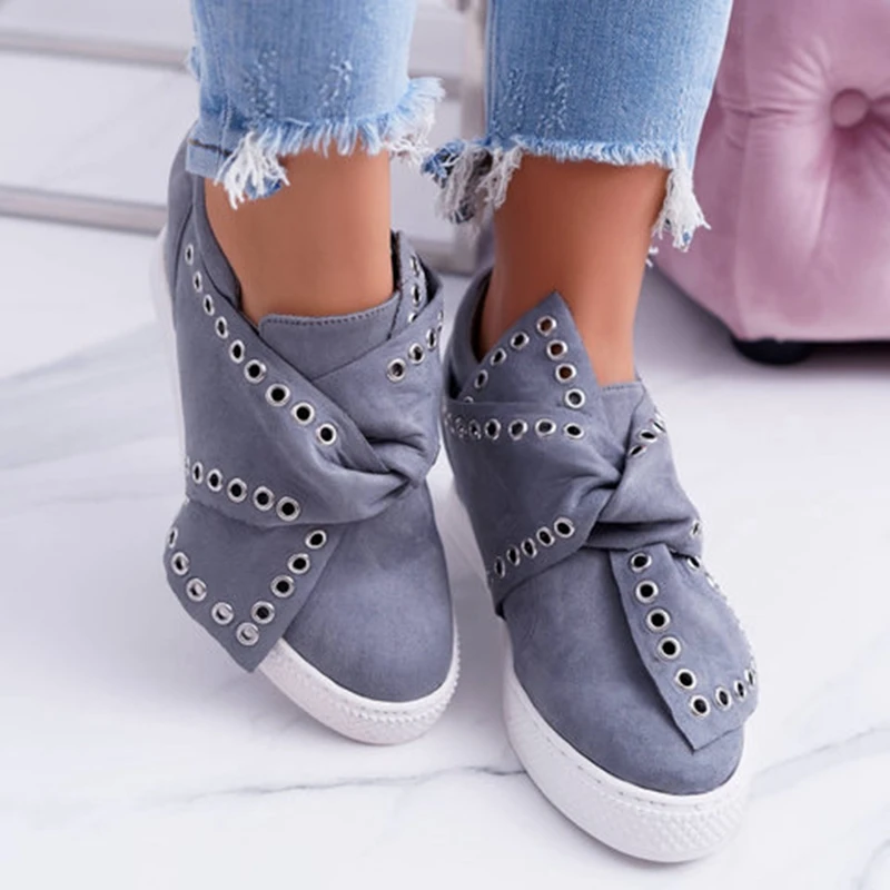 Casual Flat Plus Size Women Sneakers Ladies Suede Bow Tie Slip On Vulcanized Shoes Female Increase in Flats Footwear