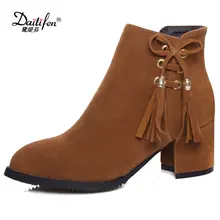 Daitifen Woman Faux Suede Thick High Heel Bow Knot Ankle Boots Fashion Pointed Toe Side Zipper Dress Winter Boots Black Grey
