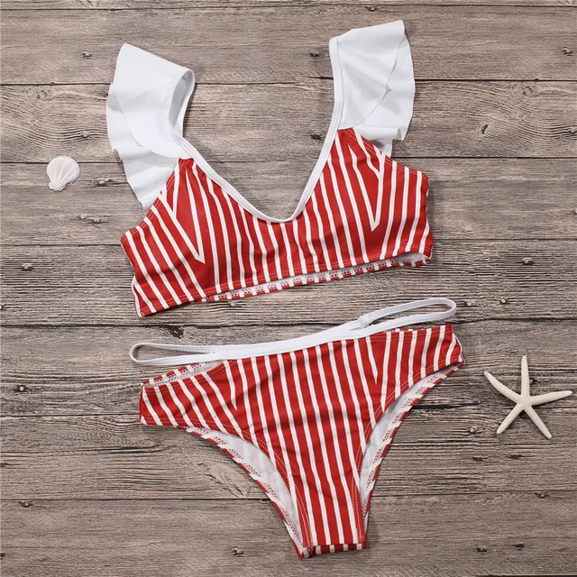 Sexy Women Swimwear Red White Striped Ruffles Bandage Bikini Set 2018 ...