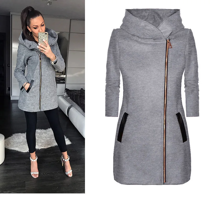 

2019 Autumn and Winter New Fashion Side Zipper Plus Velvet Jacket Hooded Long-sleeved Hooded