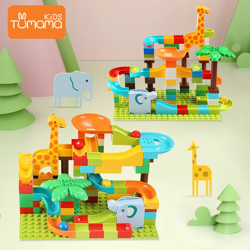 Tumama Blocks 91pcs 143pcs Diversified Tracks ABS Montessori Toys Big Size Jungle Series Track Run Building Blocks Toys For Kids