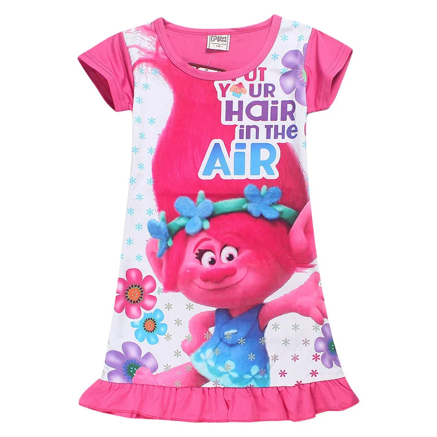 

High Quality 2018 Summer Baby Girls Dress Kids Cute Cartoon Trolls Dress Princess Dresses Pajamas Home Dress for girls 3-10Y