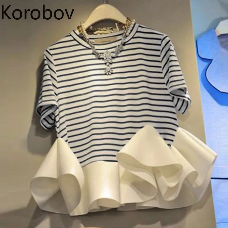 

Korobov Women T Shirt Korean Summer Short Sleeve O Neck Irregular T-Shirt Striped Ruffles Patchwork Tee Vogue T-Shirt Tops 77760