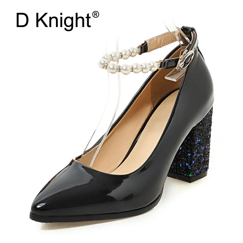 

Pearl Decoration Plus Size 32-43 Women Pumps Sexy Pointed Toe Buckle Bling Sqaure High Heels Wedding Shoes Woman Black Blue Red