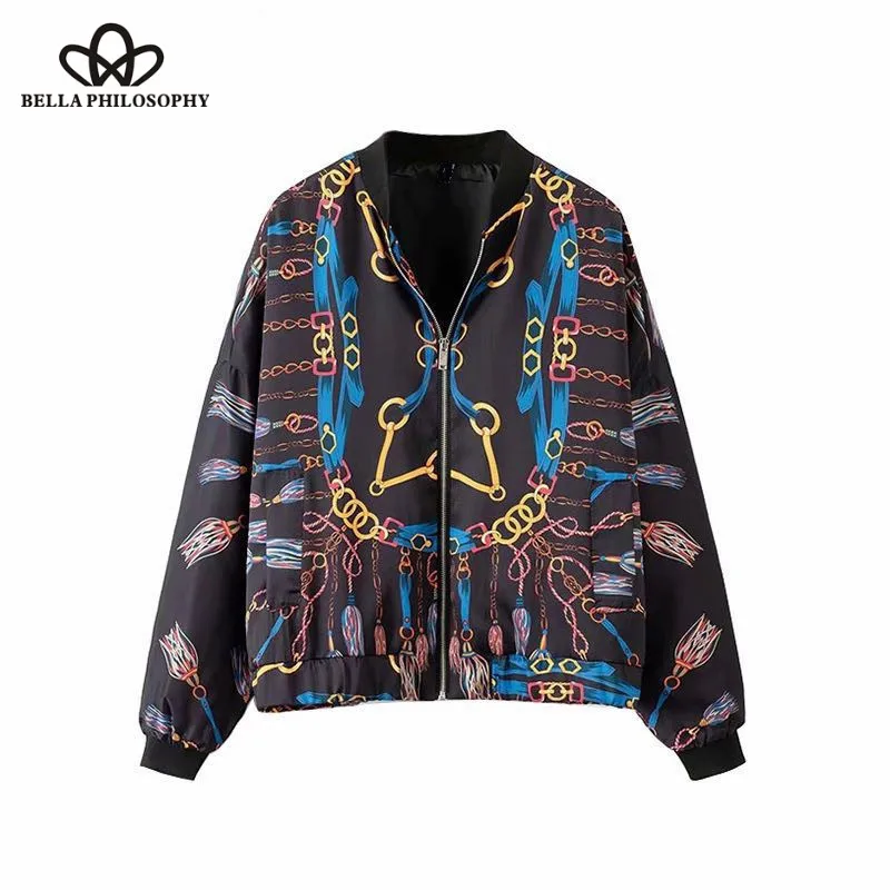 Wonder 2018 new autumn chains print loose jacket ladies pockets long sleeve casual flight jacket stand collar outwear Coat