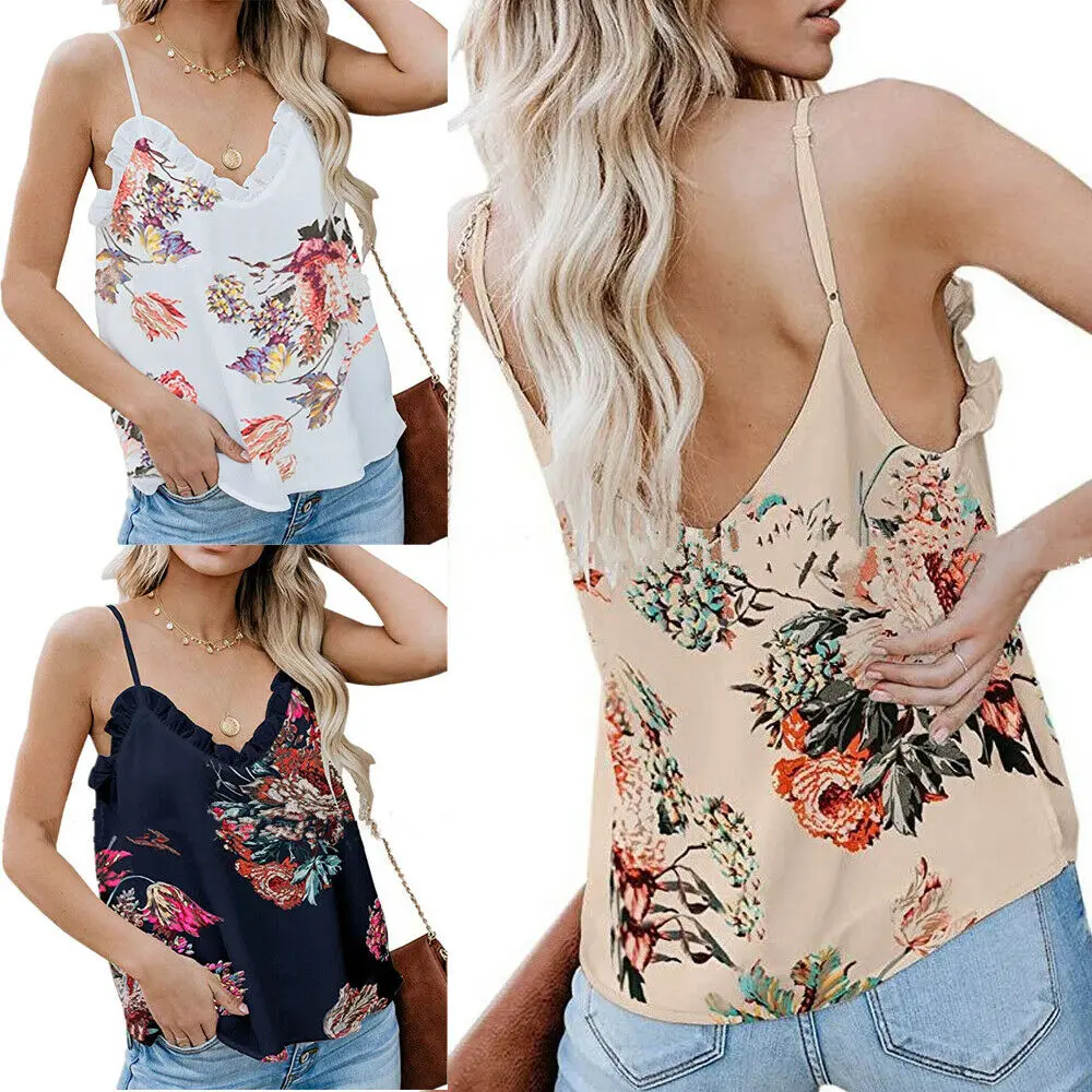 

Hirigin Women Ladies Summer Floral Print V Neck Backless Vest Top Sleeveless Casual Tank Tops Sling