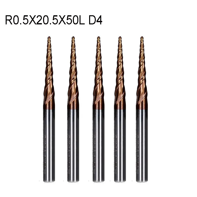 

5PCS/LOT R0.5*D4*20.5*50L*2F HRC55 Tungsten solid carbide Tapered Ball Nose End Mills and cone cutter