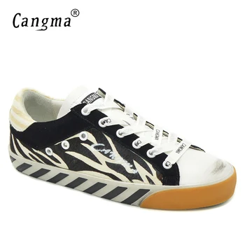 

CANGMA Brand Flats Women Sneakers Vintage Shoes Black And White Stripes Horsehair Ladies Footwear Genuine Leather Fashion Shoes