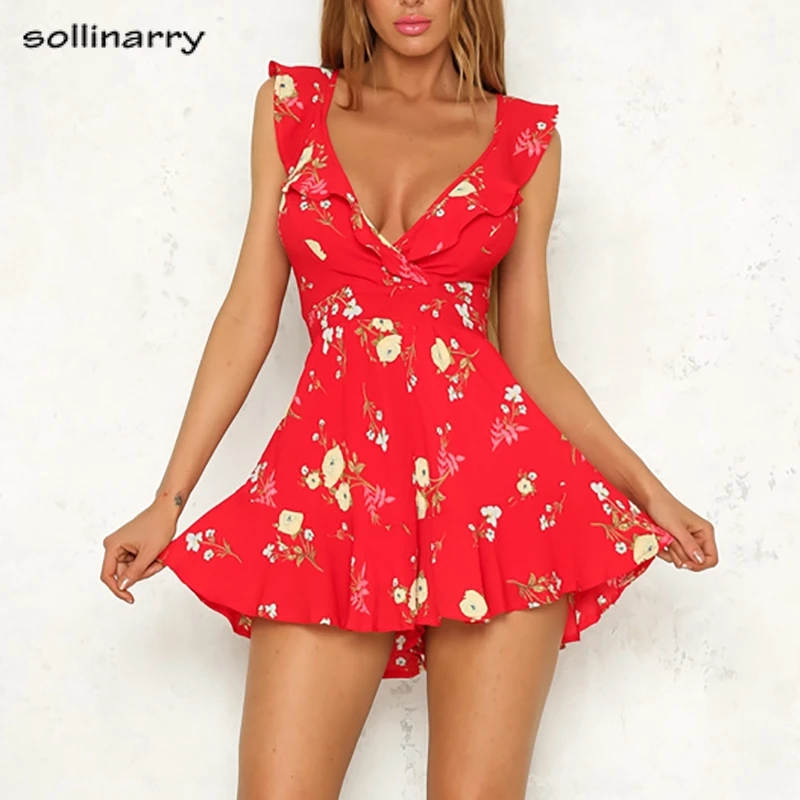 

Sollinarry Lace up bow backless red floral print romper Ruffles women playsuits Summer beach short jumpsuits Sexy V neck rompers