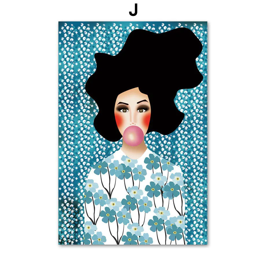 Девушка цветок рыбный шар рисунок стены Искусство Холст Живопись винтажные плакаты и принты украшения картины для гостиной Декор - Цвет: J