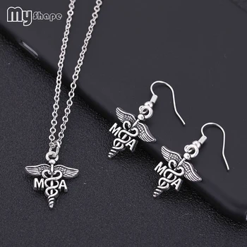 

Myshape MA Caduceus Angel Wing Jewelry Set Religious Snake Necklace Large Drop Earring Set Antique Silvery Gift for Doctor Nurse