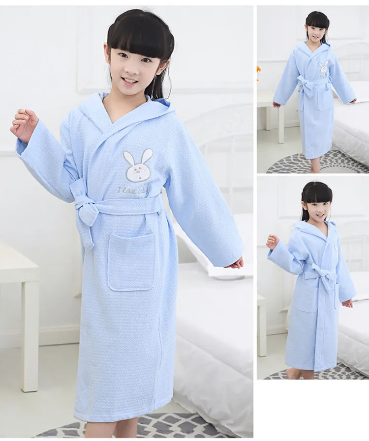 Boys Girls Bathrobe Waffle Robes Children's Bathrobes Kids Hooded White Blue Pink Sleepwear  Robes Lovely Rabbit Pajamas 03