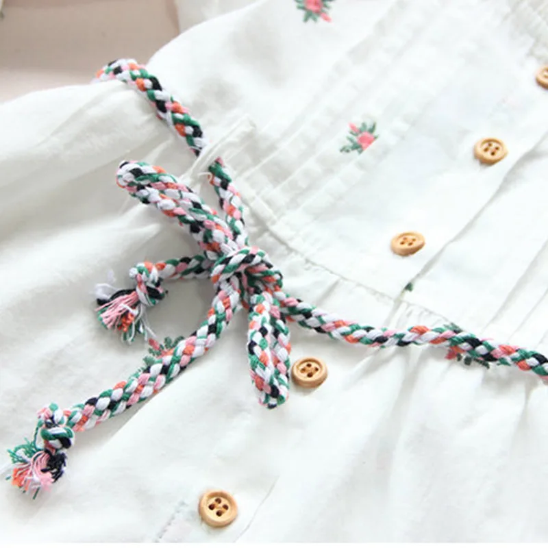 Spring Autumn 3 4 5 6 8 10 Years Children Cotton Embroidery Print Baby Kids Girls Long Short Sleeve White Dress With Belt