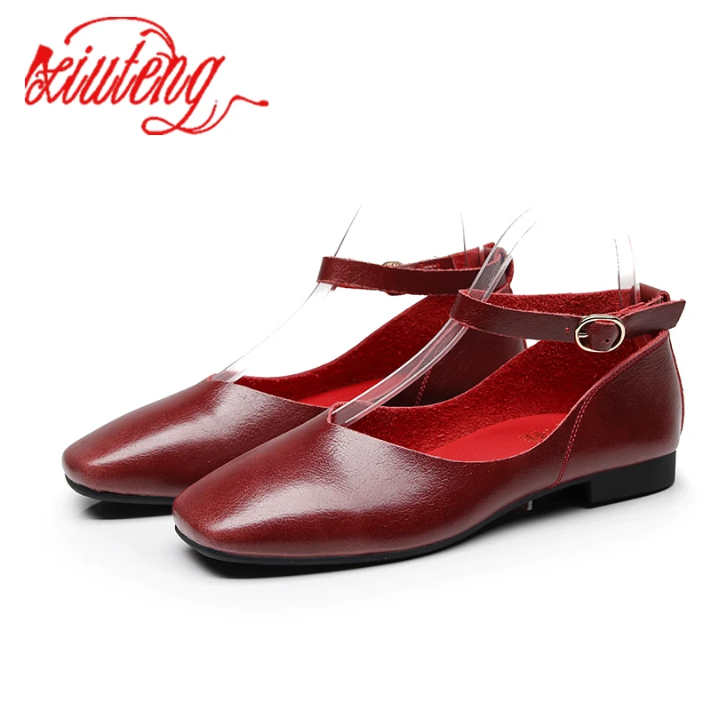 

Xiuteng Autumn Square Toe Fashion Design Shoes Vintage Genuine Leather Flats With Chain Women's Boat Slippers Girl Loafer New