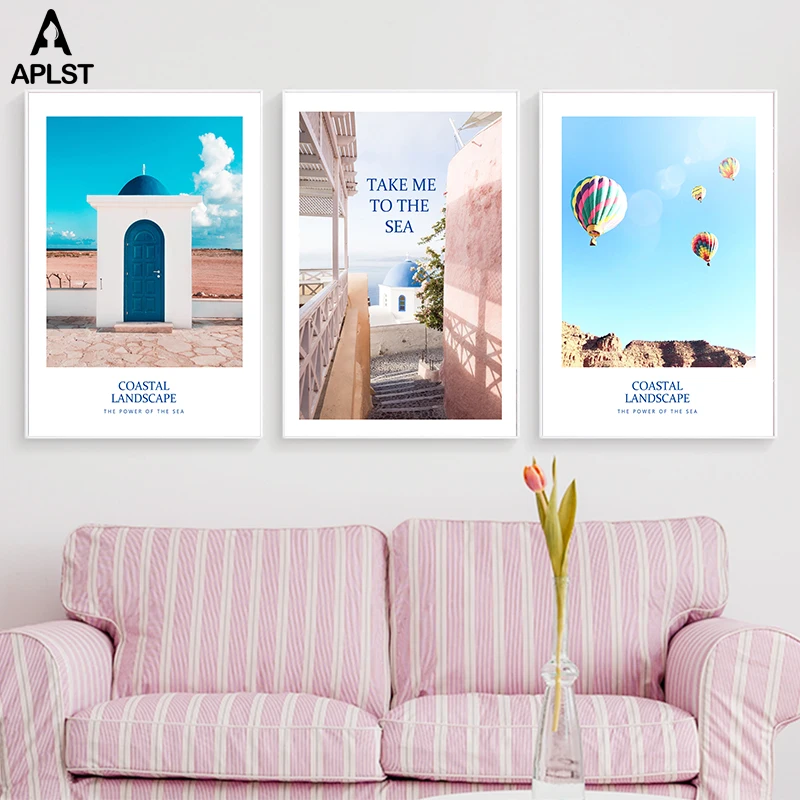 

Summer Beach Sea View Canvas Prints and Poster Coastal Landscape Hot Air Balloon Printing Art Painting Nordic Home Decoration