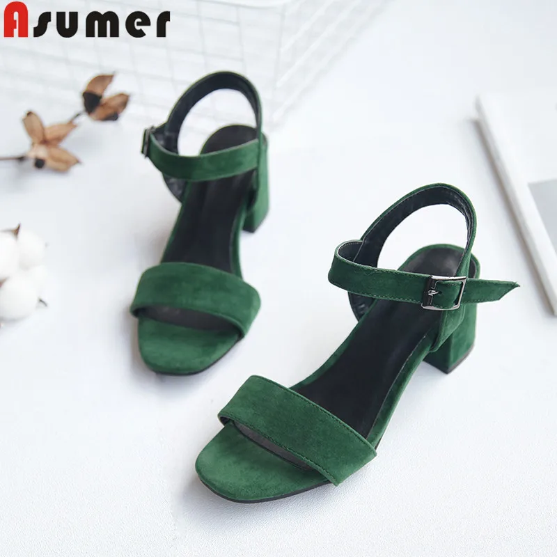 

ASUMER 2019 new summer sandals buckle square heels ladies prom shoes flock solid colors casual women sandals big size 34-43