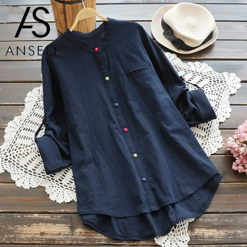 

5XL Plus Size Cotton tunics Women Blouse Shirts V-Neck Roll-up Long Sleeve Asymmetric tops Casual Vintage Blouse Plus Size 5XL