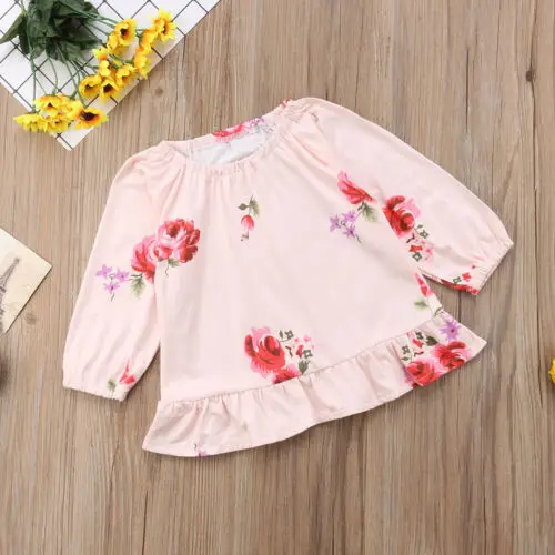 Newborn Infant Kids Baby Girl Tops Blouse Floral Autumn Long Sleeve Pink Round Neck Top