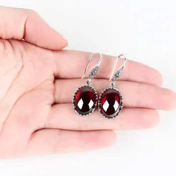 

925 Silver Earring Women Synthetic Garnet MARCASITE S925 Thai Silver boucle d'oreille Drop Earrings