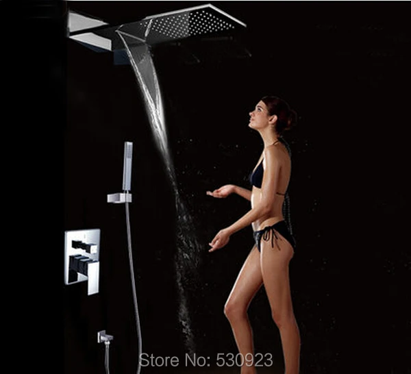 Newly Ultra-thin Rainfall Waterfall Shower Head Shower Faucet Set Chrome Finish Mixer Tap W/ Brass Hand Shower Wall Mounted