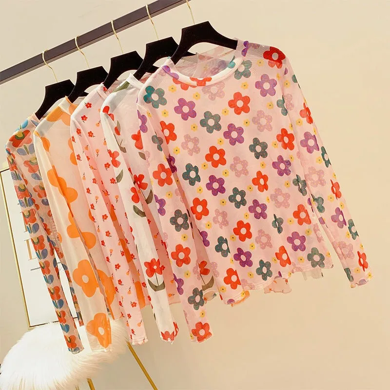 

spring Summer Women Floral Print Mesh Sunscreen Blouses Shirt Women tops Sexy Lace Blouses See-through Long Sleeve Shirt Blouse