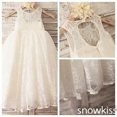 

Ivory boho keyhole back A-line french lace flower girl dresses for beach wedding kid first communion dress princess party frocks