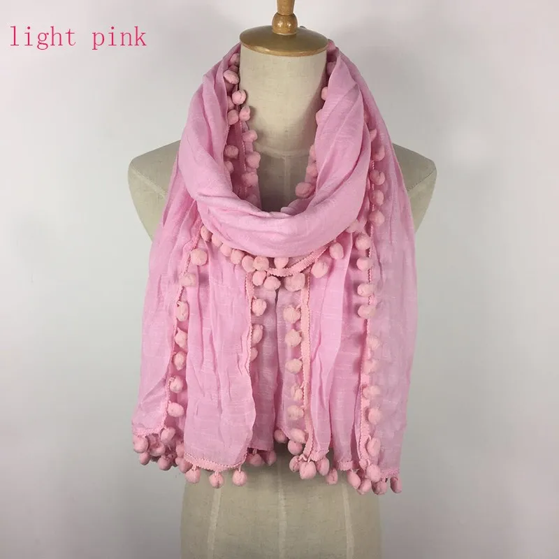 Высокое качество модное платье аксессуары для одежды Pom головной хиджаб шарф женский длинный дизайн простой хлопок пашмины шаль сплошной цвет - Цвет: Light pink