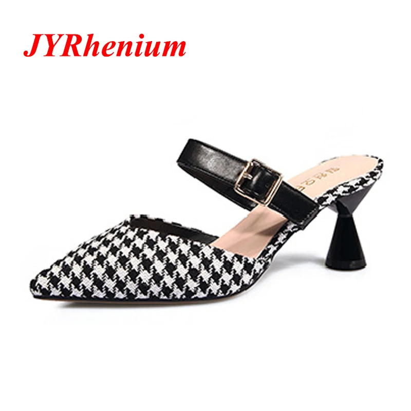 

JYRhenium 2018 New Design Fashion Women Mules Pumps Low Heels Elegant Shoes Slip On Peep Toe Pump Party Footwear OL Office Shoes