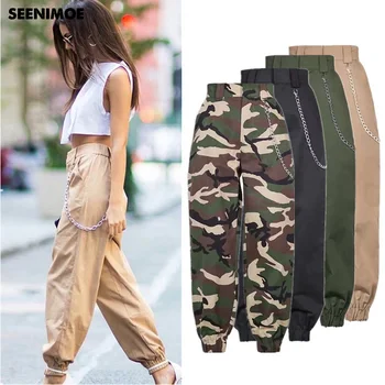 

2018 New Camouflage Army Pants Women Casual Trousers High Waist Harem Camo Pants Elastic Waist Pockets Pencil Pants with C