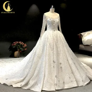 شراءJIALINZEYI الصورة الحقيقية الفاخرة طويلة الأكمام عالية الجودة كريستال ألف خط المحكمة طويل الزفاف فساتين ثوب زفاف اللباس 2020