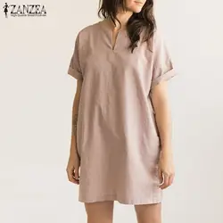 2019 ZANZEA элегантные летние с круглым вырезом короткий рукав Для женщин хлопок льняная рубашка платье Повседневное Твердые свободные
