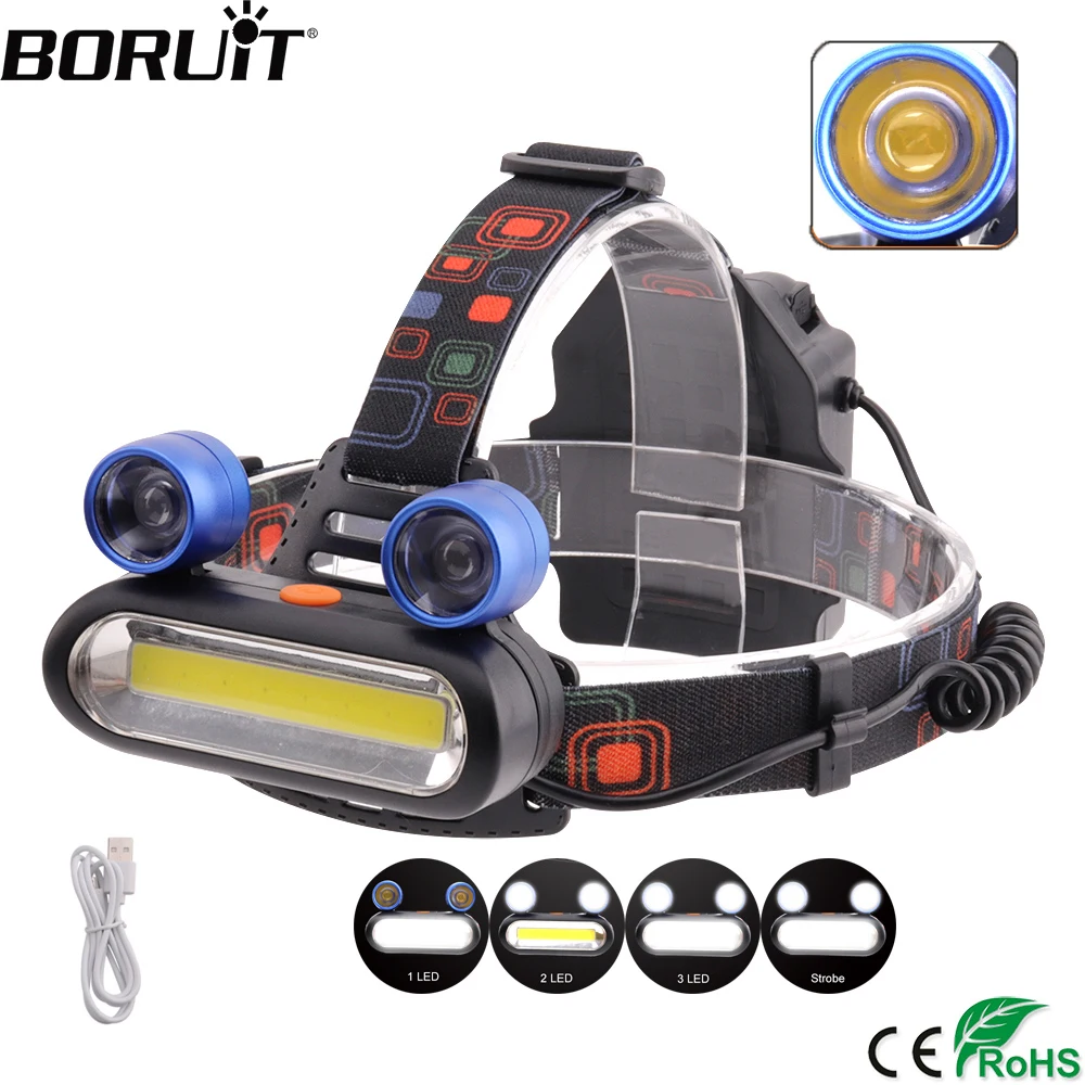 BORUIT COB LTS LED Headlight USB Charger Headlamp 4 Modes Use 18650