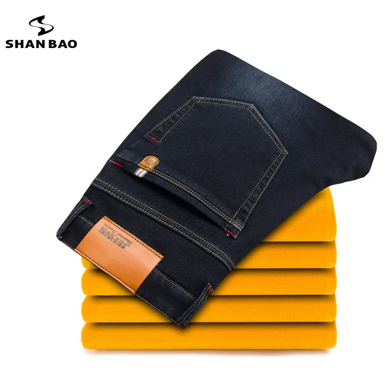 

SHANBAO casual straight jeans men's 2018 winter new plus velvet thickening warm winter cotton stretch jeans large size 28-42