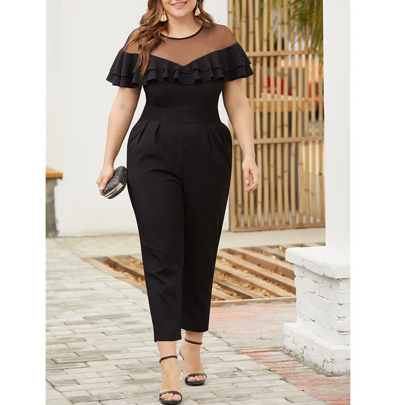 

Plus XL-4XL Women's Off Shoulder Summer Casual Ruffle with Pockets Jumpsuits Siamese Trousers