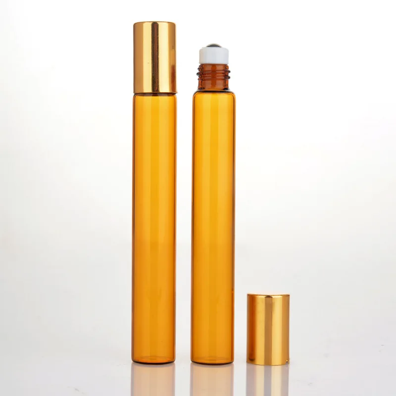 

100Pieces/lot 10ML Portable Amber Essential Oil Bottle Roll on Perfume Bottle Mini Metal Ball Roller Brown Essential Oil Bottles