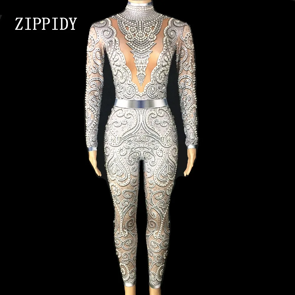 Fashion Pearls Rhinestones Bodysuit Big Stretch Sexy Jumpsuit Stage  Birthday Evening Party Celebrate Singer Dance outfit