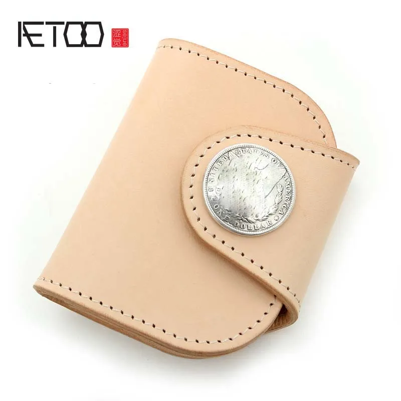 

AETOO Original handmade genuine leather wallet retro vegetable tanned leather short wallet money cloth button men and women