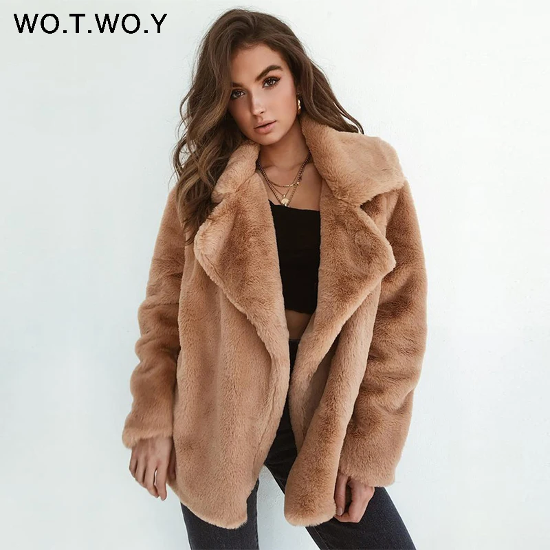 WOTWOY Plush Faux Fur Coat Women Thicken Warm Autumn Winter Jackets Women Soft Teddy Coat Female Streetwear Outerwear 2018 New
