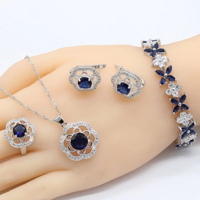 

925 Sterling Silver Bracelet Sets For Women Silver Jewelry Sets For Bride Flower Blue Zircon Necklace Ring Earrings Bracelet
