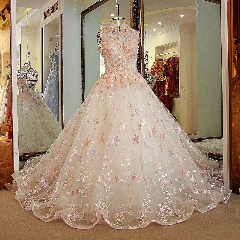Розовое свадебное платье сексуальное с открытой спиной с высоким горлом бальное платье с аппликацией из тюля бисером Свадебные платья с бисером с разноцветными звездочками