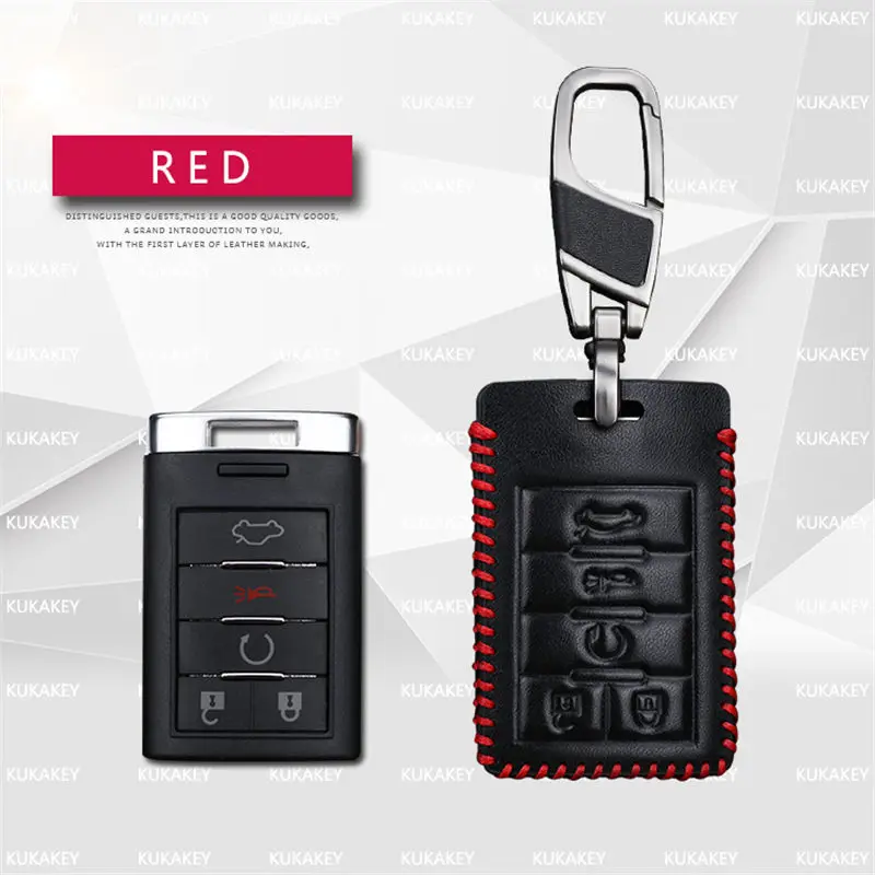 KUKAKEY чехол для автомобильного ключа из натуральной кожи для Cadillac CTS Escalade SRX ATS STS чехол для ключа держатель сумка аксессуары для автомобиля - Название цвета: 5Button Red