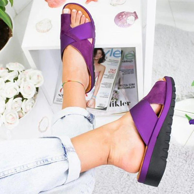 

Litthing Fashion Cross Strap Summer Solid Patchwork Women Flat Heel Non Slip Comfortable PU All-Match Casual Open Toe Beach Shoe