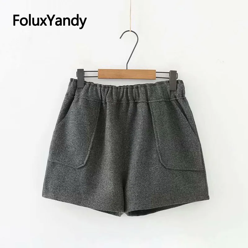 

Shorts Women Autumn Winter Casual Pocket Loose Wide Leg Woolen Plus Size High Waist Shorts Solid KKFY3030