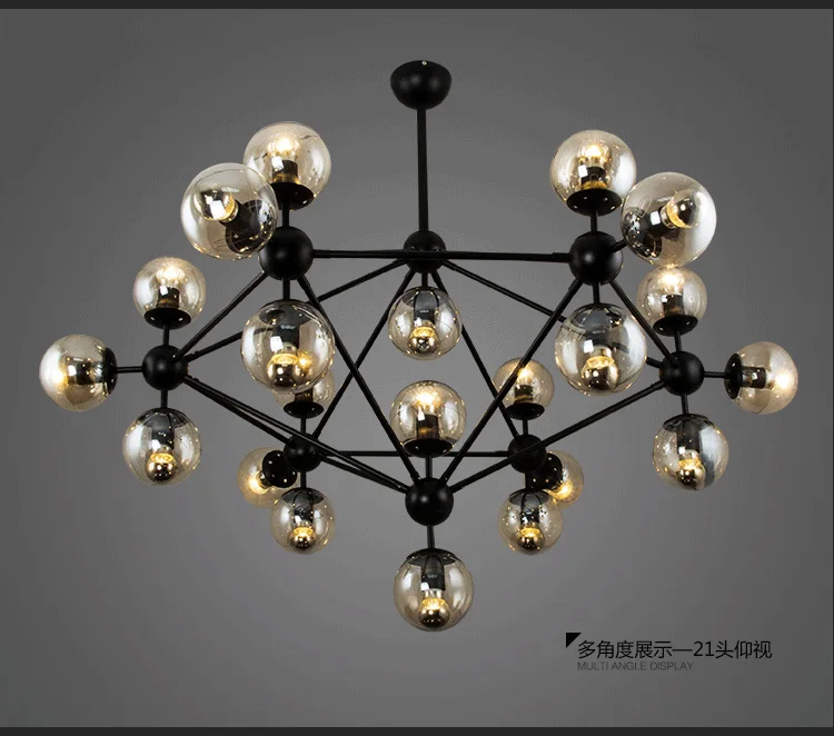 Postmodern magic bean glass black chandelier American wrought iron glass ball personality round restaurant living room chandelie