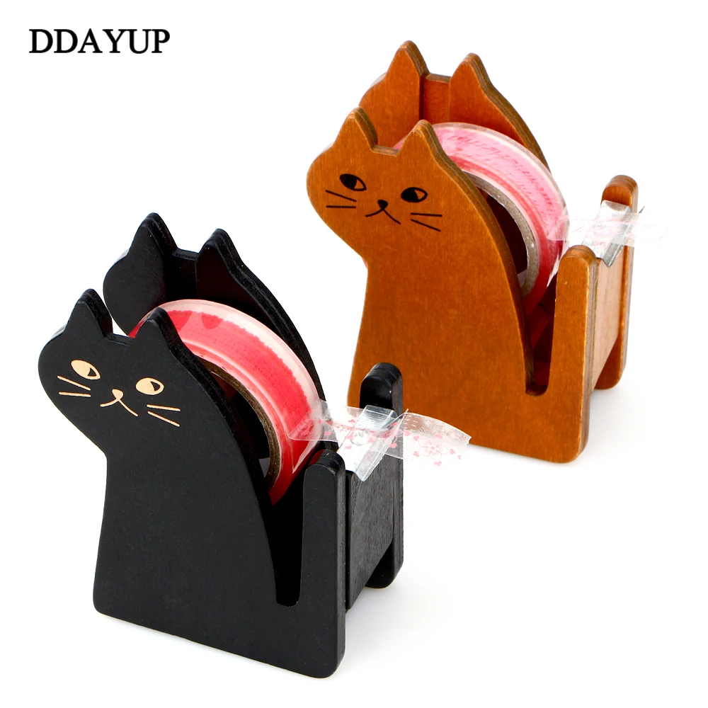 Creative Cute Cat Shape Wooden Tape Holder Office Tape Dispenser