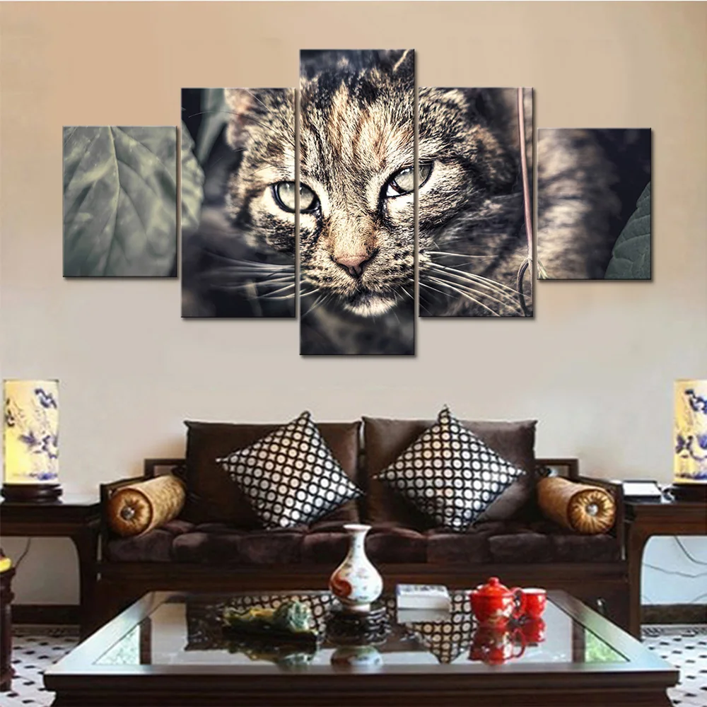 Living Room HD Printed Modular Canvas Poster 5 Pieces Black Cat ...