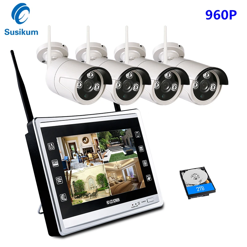 

4CH 960P Wireless 12"LCD Display CCTV NVR Kit 2MP Outdoor Security Video Surveillance Set WIFI IP CCTV Camera System